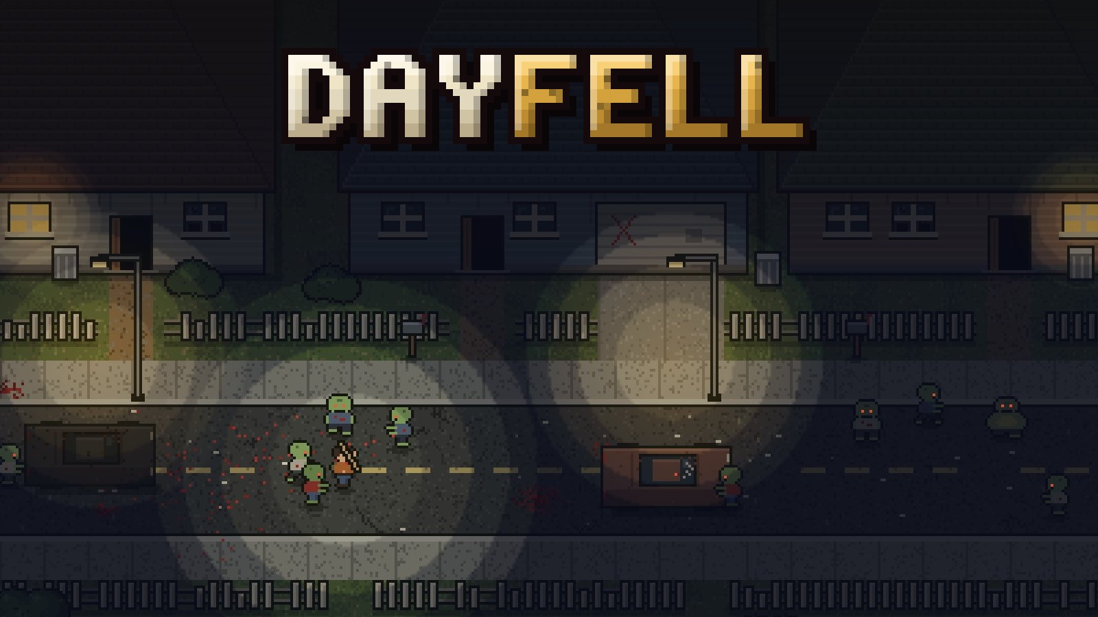 Dayfell key art: a survivor with a bat surrounded by zombies on Maple Ave at night